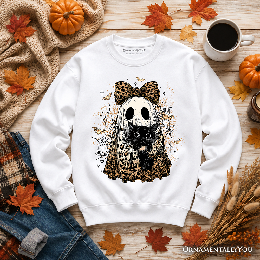 Leopard Bow Ghost with Black Cat Sweatshirt, Spooky Halloween Spider Web Sweater