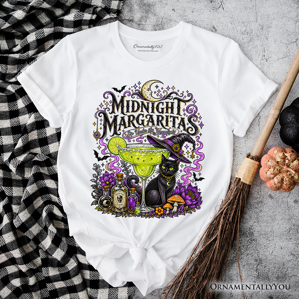 Midnight Margaritas Black Cat Halloween T-Shirt, Witchy Cocktail Tee for Spooky Season