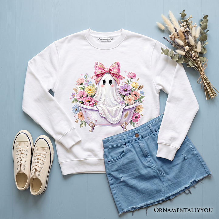 Pink Bow Bathtub Ghost Sweatshirt, Floral Coquette Halloween Sweater