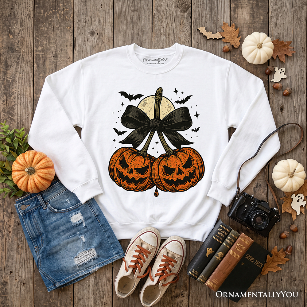 Pumpkin Cherries Coquette Bow Sweatshirt, Retro Halloween Fall Season Sweater for Sweet Autumn Girls
