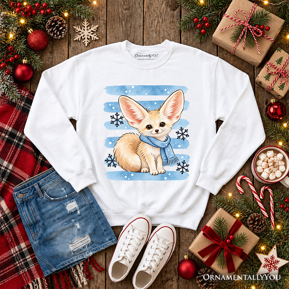 Snowflake Scarf Fennec Fox Christmas Sweatshirt, Cute Winter Animal Sweater