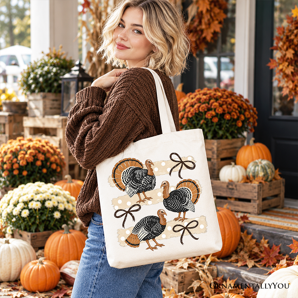 Turkey Bow Thanksgiving Tote Bag, Coquette Fall Gift Shopper