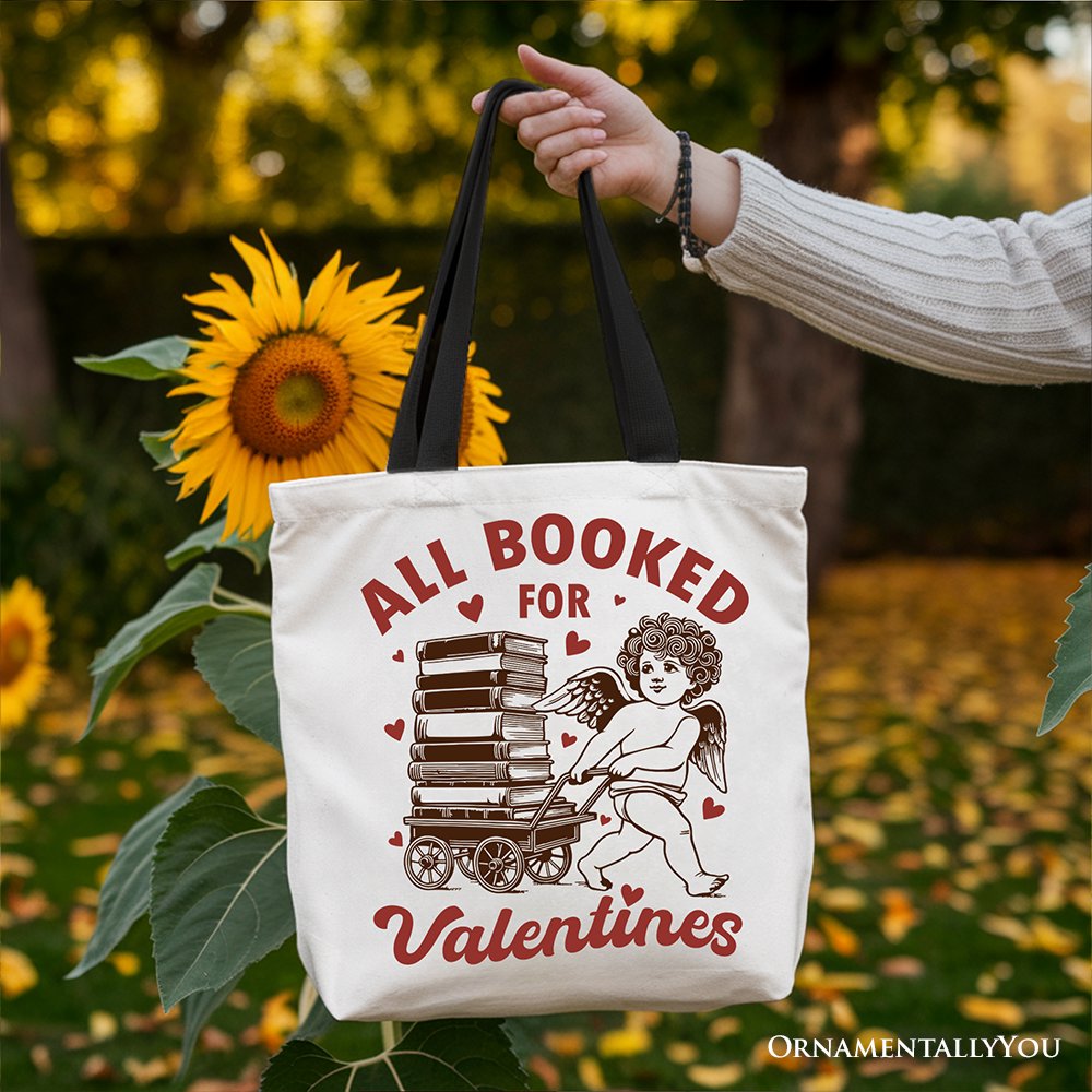 All Booked For Valentines Cupid Canvas Tote Bag, Vintage Funny Bookworm Gift Tote Bag OrnamentallyYou 