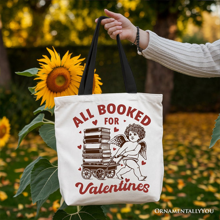 All Booked For Valentines Cupid Canvas Tote Bag, Vintage Funny Bookworm Gift Tote Bag OrnamentallyYou 