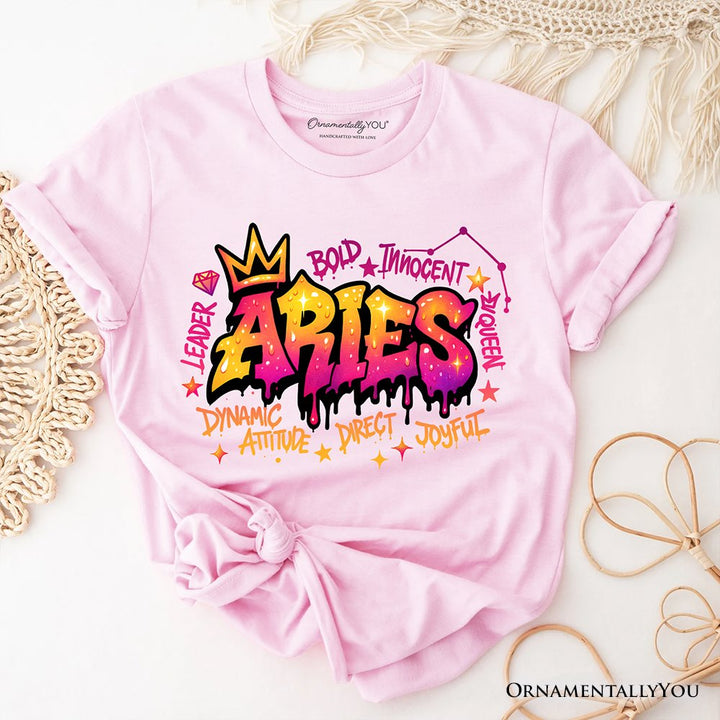 Aries Graffiti Zodiac T-Shirt, Street Style Astrology Horoscope Tee T-Shirts OrnamentallyYou Soft Pink XS 