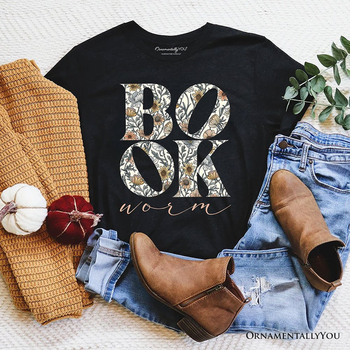 Bookworm Floral T-Shirt, Boho Wildflower Book Lover Tee T-Shirts OrnamentallyYou Black XS 