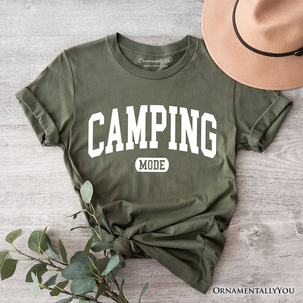 Camping Mode Varsity T-Shirt, Minimalist Outdoors Tee T-Shirts OrnamentallyYou Military Green XS 