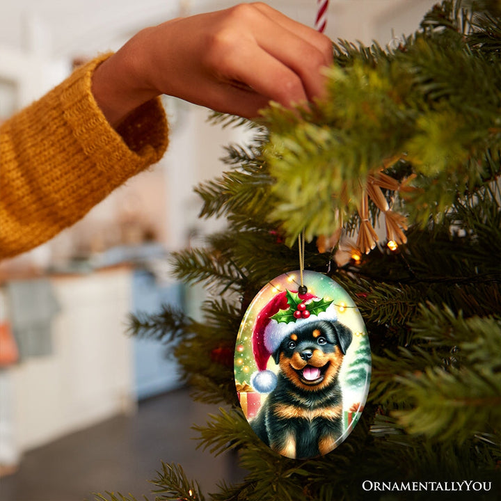 Charming Rottweiler in Festive Attire Ornament, Heartwarming Dog-Themed Christmas Gift Decor Ceramic Ornament OrnamentallyYou 