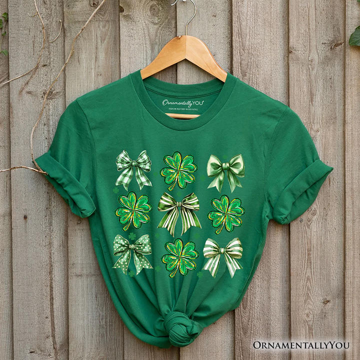 Coquette Clover Bows St Patrick’s Day T-Shirt, Green Irish Lucky Shamrock Tee