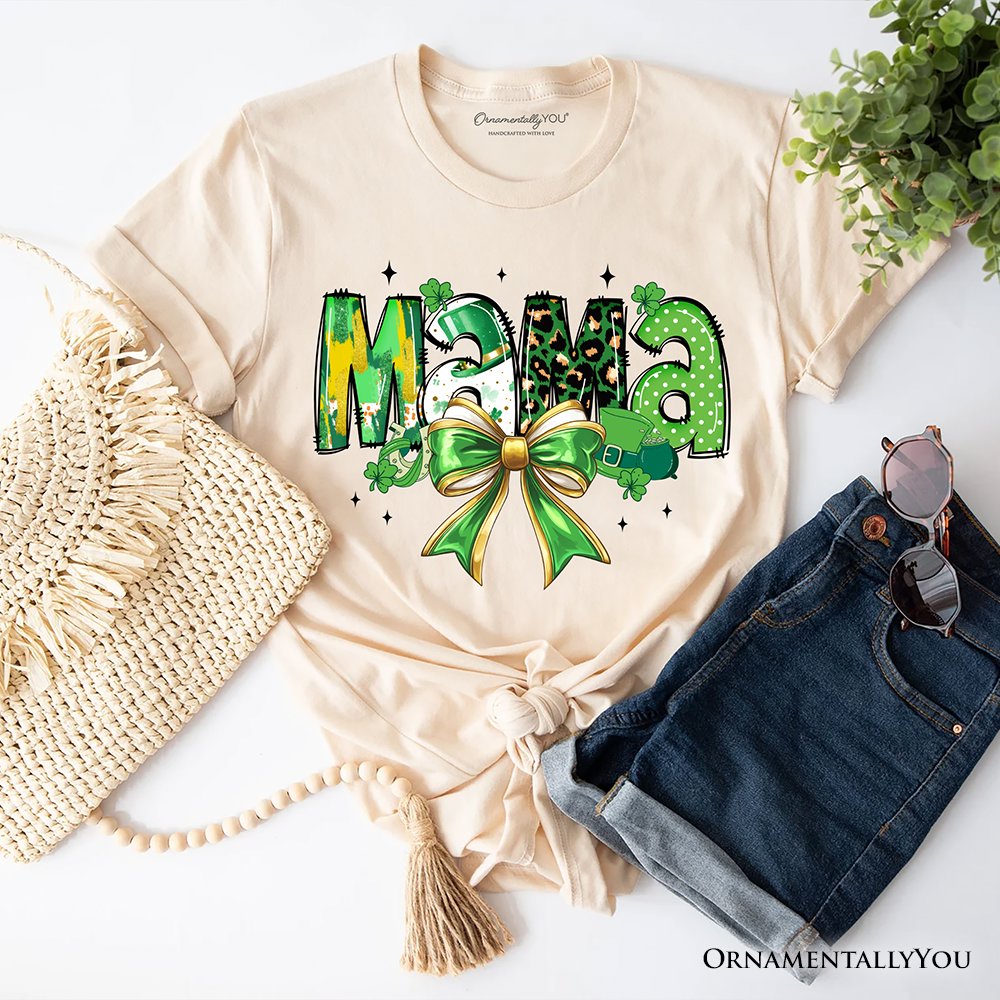 Coquette Mama Bow St Patrick’s Day T-Shirt, Green Lucky Shamrock Clover Tee T-Shirts OrnamentallyYou Natural XS 