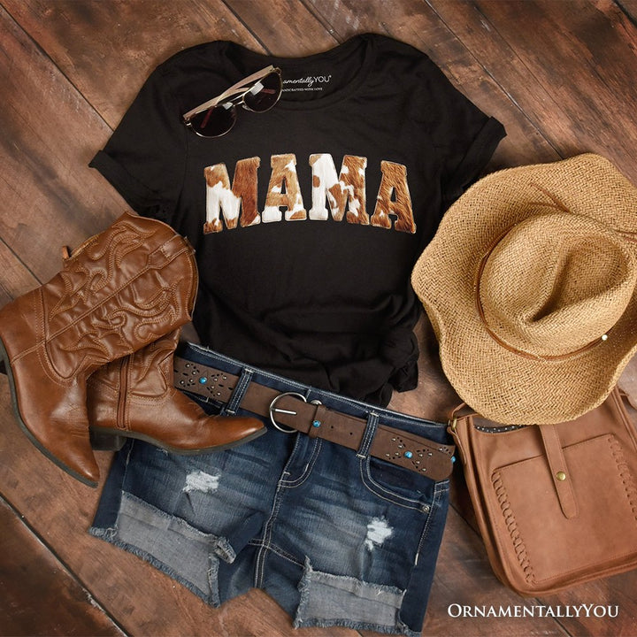 Cow Print Mama Western T-Shirt, Faux Cowhide Mom Tee T-Shirts OrnamentallyYou Black XS 