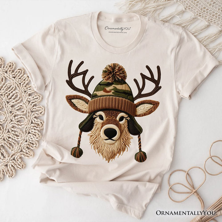 Deer Head Camo Hat Christmas T-Shirt, Imitation Latch Hook Yarn Cozy Hunting Season Tee T-Shirts OrnamentallyYou Natural XS 
