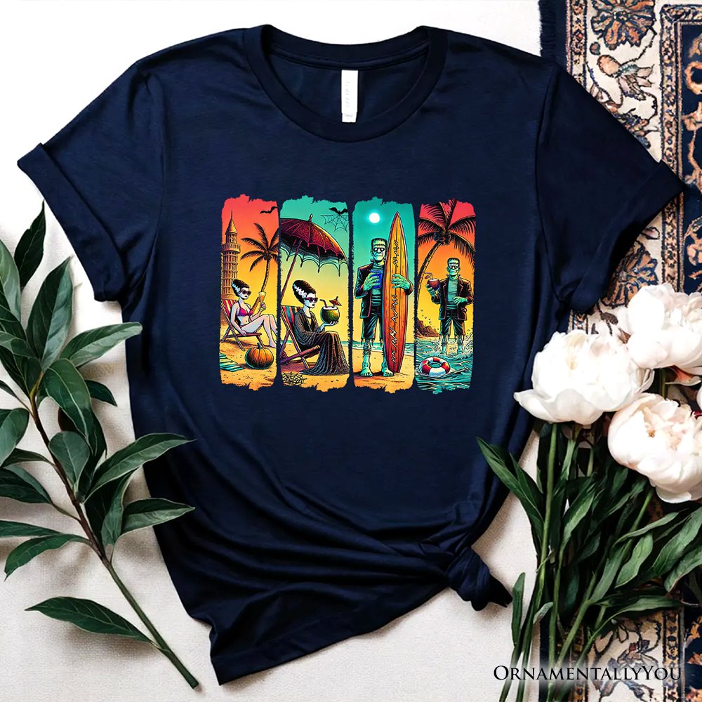 Frankenstein's Beach Vacation T-Shirt, Retro Neon Surf Style Tee for Horror Fans with Summer Vibes T-Shirts OrnamentallyYou Navy XS 