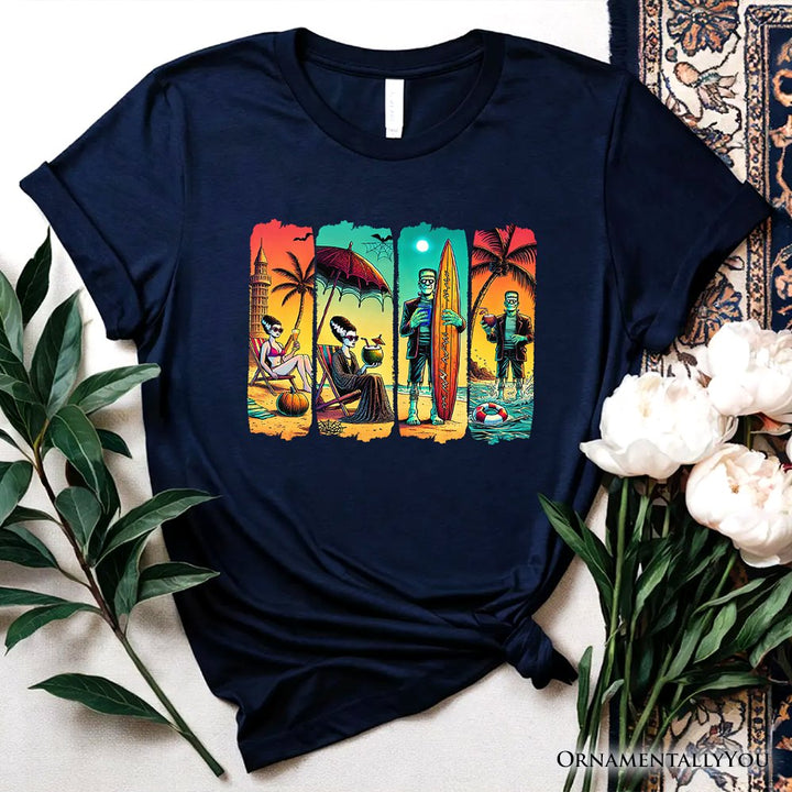 Frankenstein's Beach Vacation T-Shirt, Retro Neon Surf Style Tee for Horror Fans with Summer Vibes T-Shirts OrnamentallyYou Navy XS 
