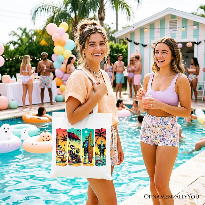 Frankenstein's Beach Vacation Tote Bag, Retro Neon Surf Style Gift Shopper for Horror Fans with Summer Vibes Tote Bag OrnamentallyYou 