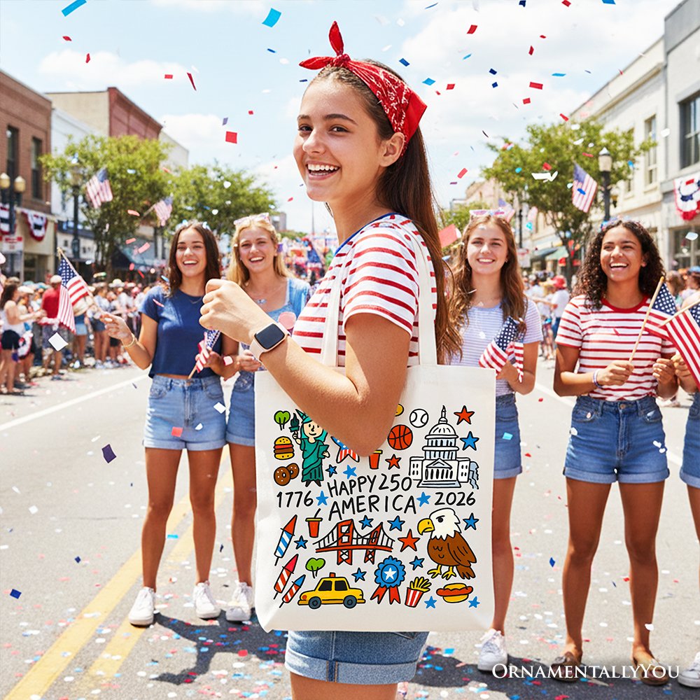 Happy 250 America Doodle Tote Bag, Patriotic USA 1776-2026 250th Anniversary Gift Shopper Tote Bag OrnamentallyYou 