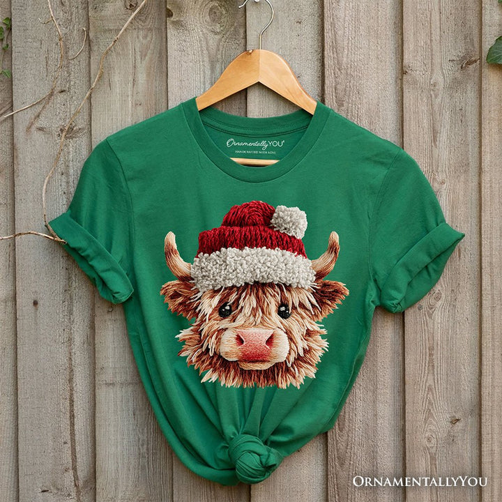 Highland Cow Santa Hat Christmas T-Shirt, Imitation Latch Hook Yarn Cozy Tee T-Shirts OrnamentallyYou Evergreen XS 