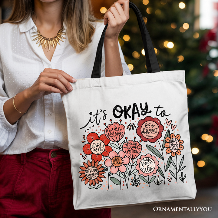 It's Okay Floral Affirmation Canvas Tote Bag, Boho Motivational Gift for Kind and Inspirational Women