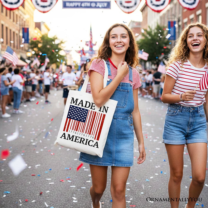 Made In America Bar Code Flag Tote Bag, Patriotic 1776 USA 250th Anniversary Gift Shopper Tote Bag OrnamentallyYou 