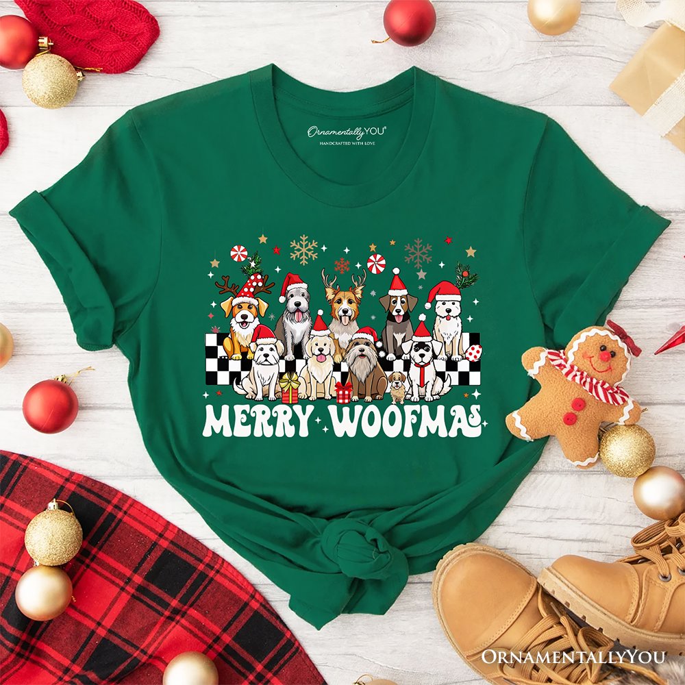 Merry Woofmas Dog Mama T‑Shirt, Dogs With Santa Hats Christmas Tee T-Shirts OrnamentallyYou Evergreen XS 