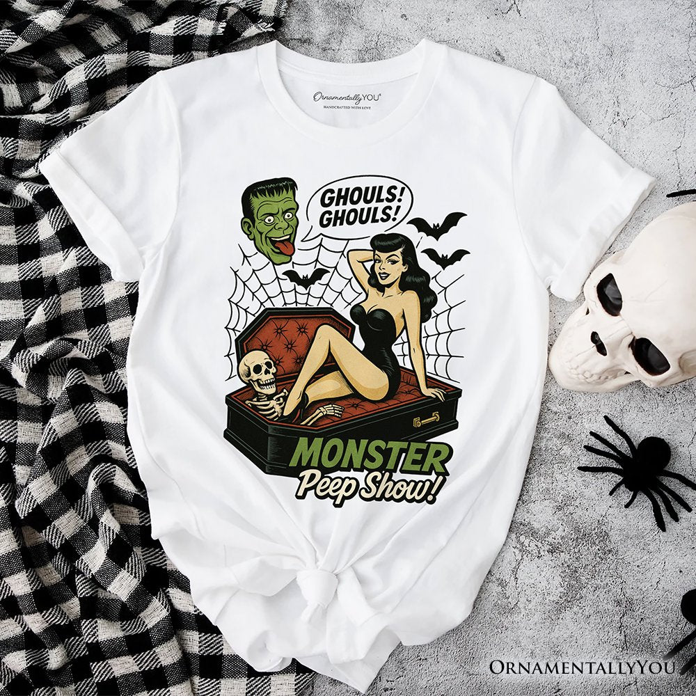 Monster Peep Show Pin-Up T-Shirt, Retro Horror Halloween Tee T-Shirts OrnamentallyYou White XS 