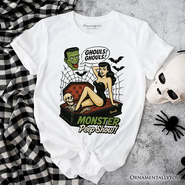 Monster Peep Show Pin-Up T-Shirt, Retro Horror Halloween Tee T-Shirts OrnamentallyYou White XS 