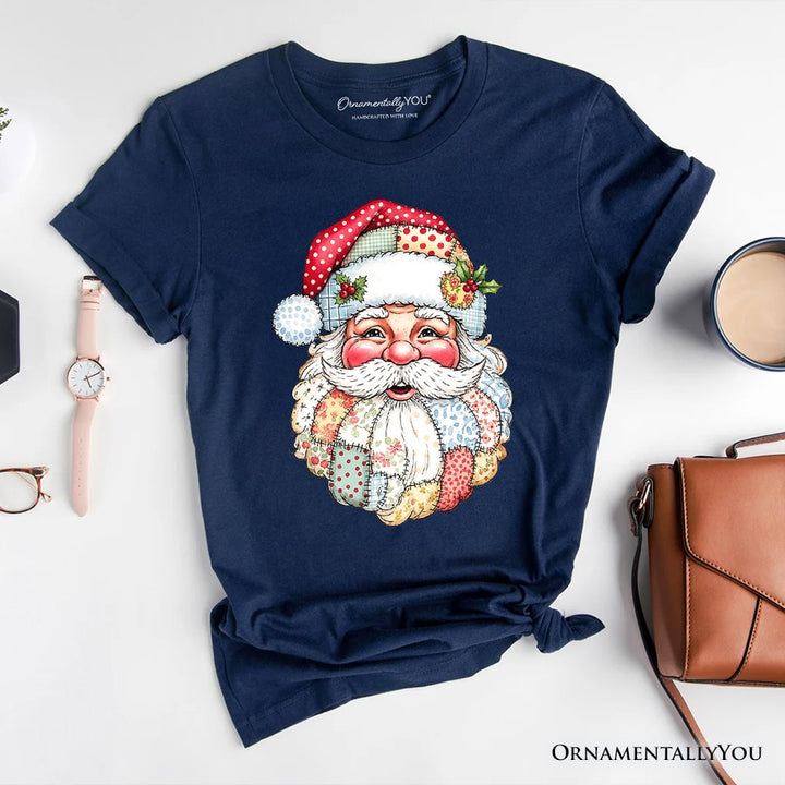 Patchwork Santa Claus T-Shirt, Retro Christmas Holiday Tee T-Shirts OrnamentallyYou Navy XS 