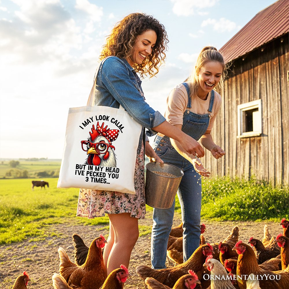 Pecking Chicken Tote Bag, Red Glasses and Bow White Gift Shopper for Sassy Women Tote Bag OrnamentallyYou 