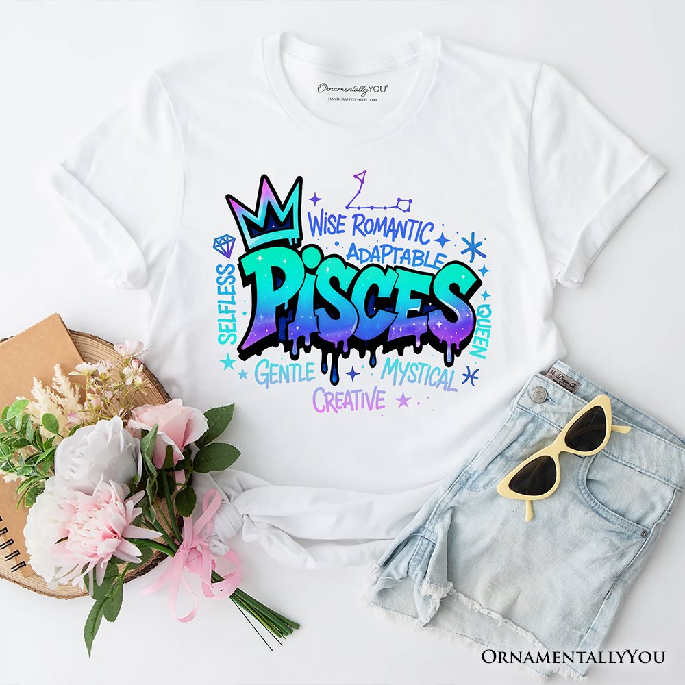 Pisces Graffiti Zodiac T-Shirt, Street Style Astrology Horoscope Tee T-Shirts OrnamentallyYou White XS 