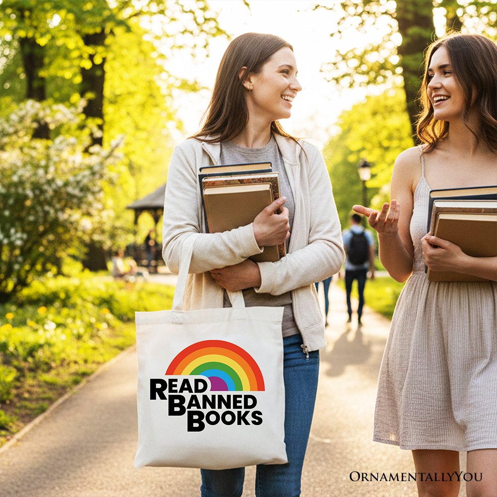 Read Banned Books Rainbow Canvas Tote Bag, Book Lover Gift Shopper Tote Bag OrnamentallyYou 