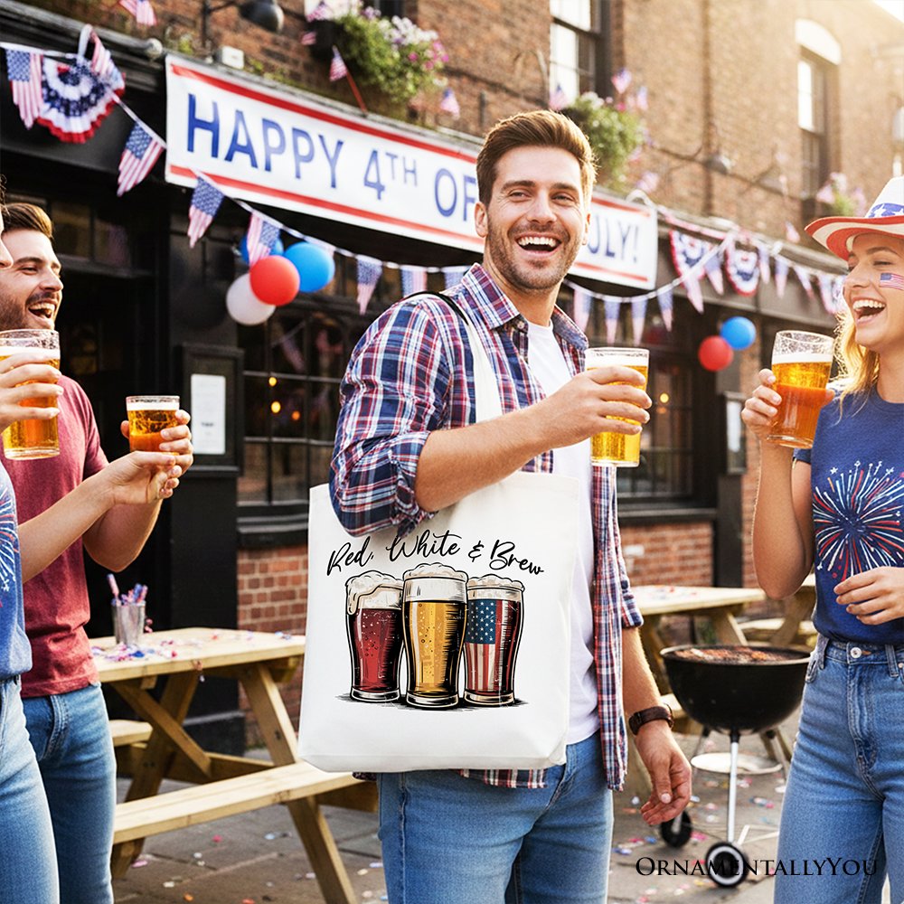 Red White and Brew Beer American Tote Bag, Patriotic USA 4th of July Gift Shopper Tote Bag OrnamentallyYou 