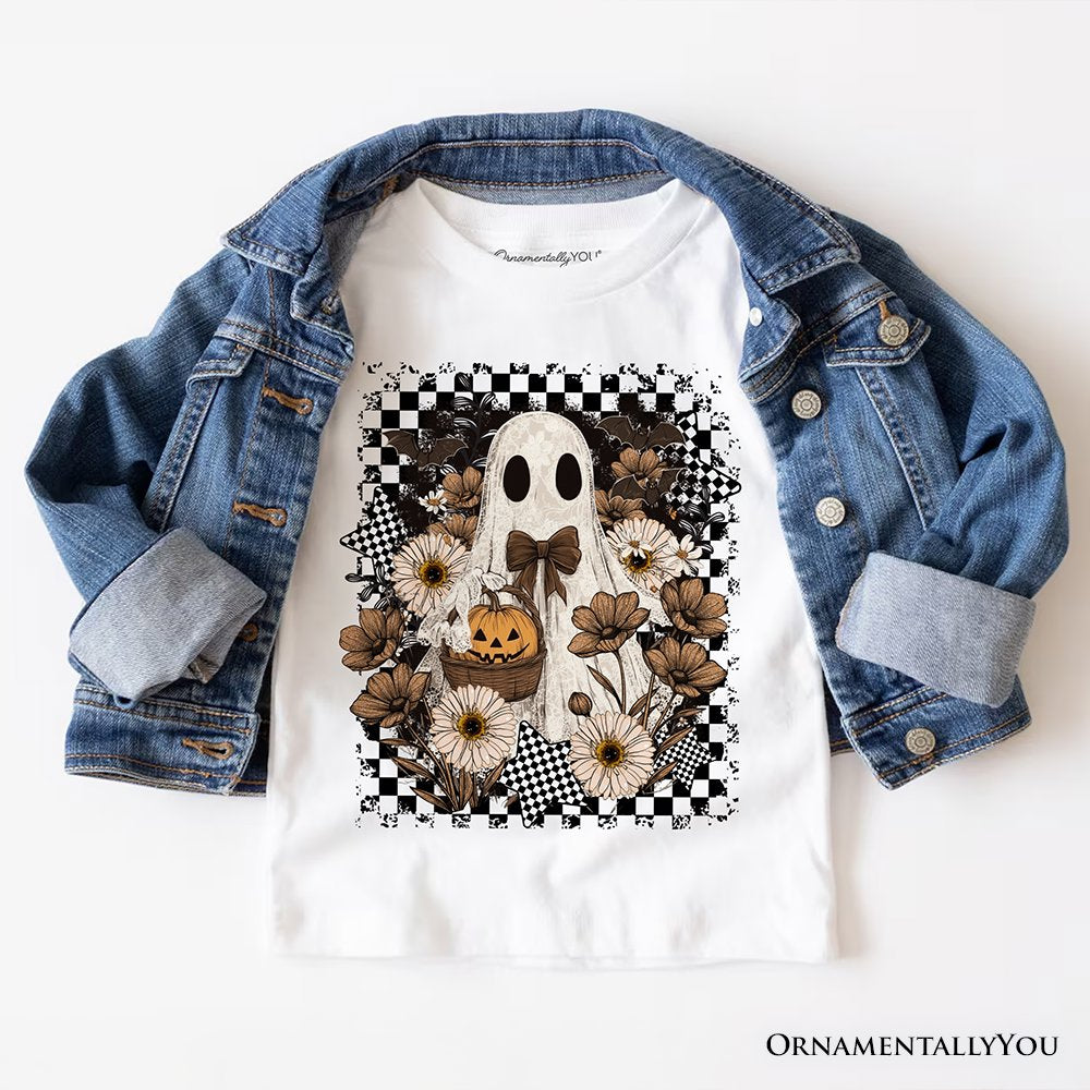 Retro Ghost Floral Halloween T-Shirt, Spooky Vintage Checkered Tee T-Shirts OrnamentallyYou White XS 