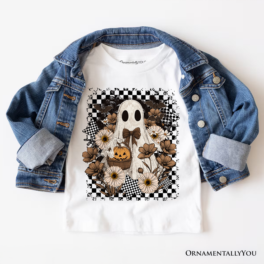 Retro Ghost Floral Halloween T-Shirt, Spooky Vintage Checkered Tee