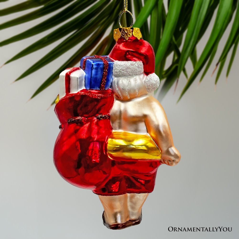 (Pre-Order) Santa on Summer Vacation in the Pool Quirky Glass Christmas Ornament, Rubber Duckey Tropical Holiday Decor Glass Ornament OrnamentallyYou 