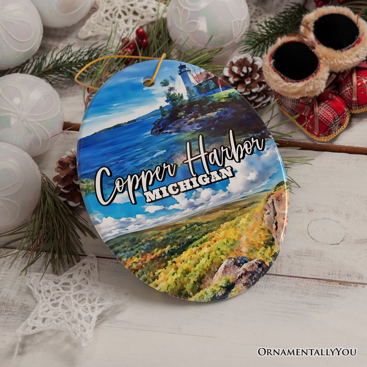 Scenic Copper Harbor Mountain Town Ornament, Michigan Lakeside Christmas Gift and Souvenir