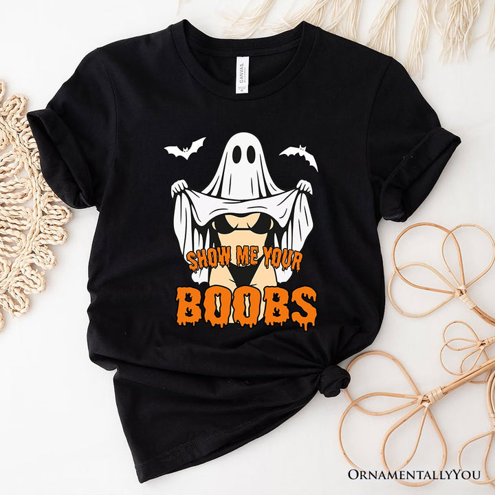 Show Me Your Boobs Halloween T-Shirt, Funny Naughty Pun Ghost Tee for Adults T-Shirts OrnamentallyYou Black XS 