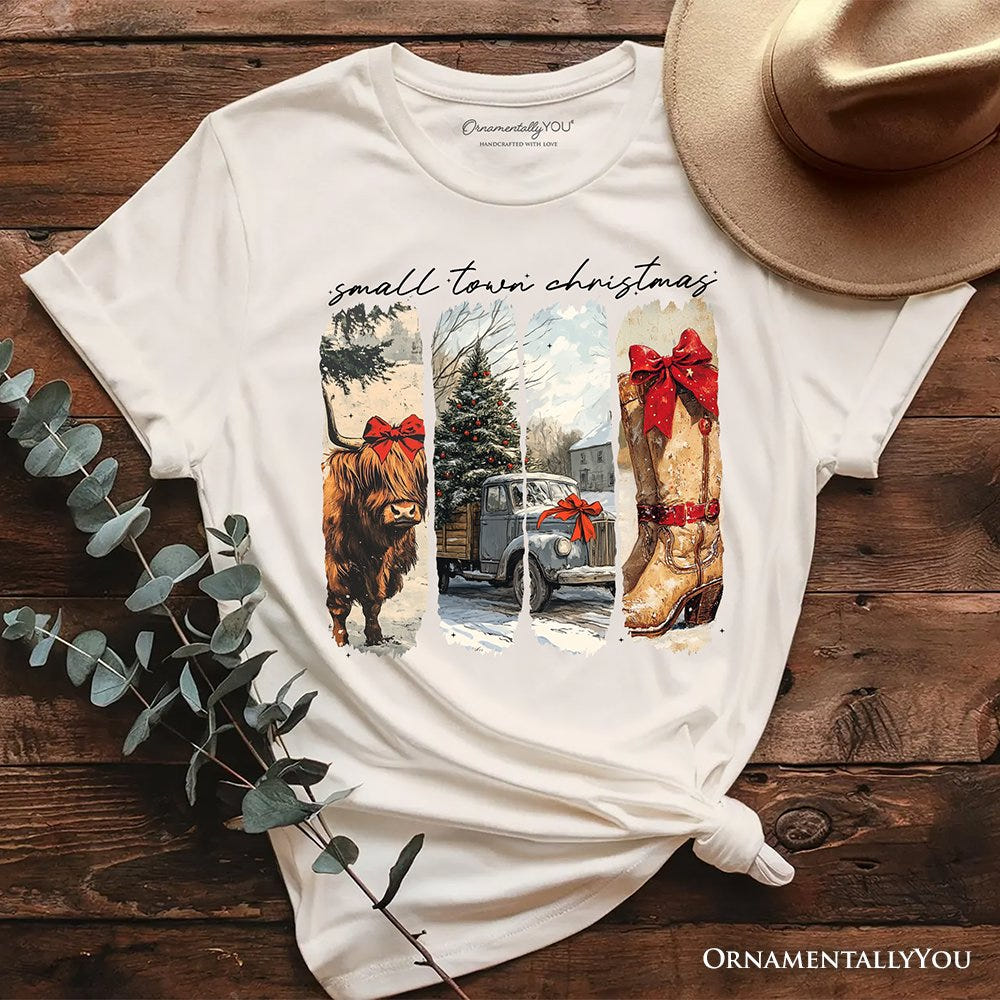 Small Town Christmas T‑Shirt, Highland Cow Rustic Western Cowgirl Holiday Tee T-Shirts OrnamentallyYou Natural XS 