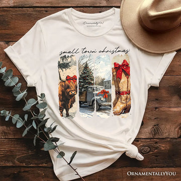 Small Town Christmas T‑Shirt, Highland Cow Rustic Western Cowgirl Holiday Tee T-Shirts OrnamentallyYou Natural XS 