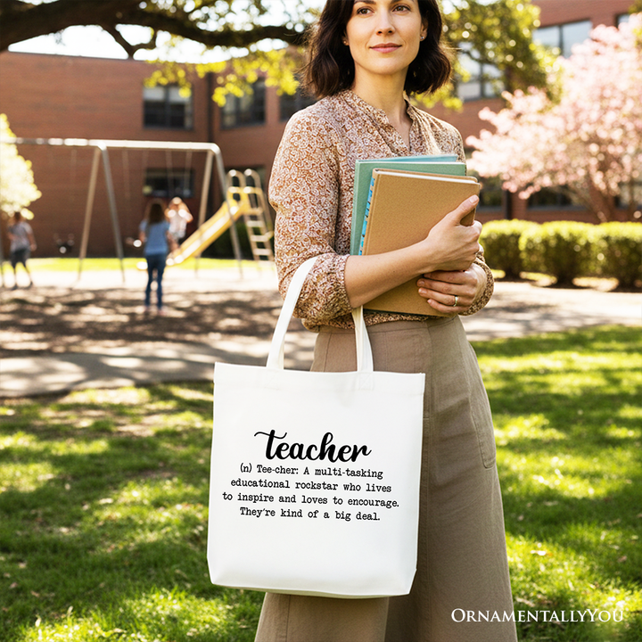 Teacher Definition Canvas Tote Bag, Inspirational Quote Gift Shopper for Educators