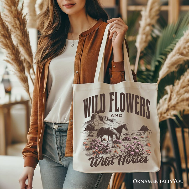 Wild Flowers and Wild Horses Canvas Tote Bag, Retro Western Gift for Free-Spirited Women Tote Bag OrnamentallyYou 