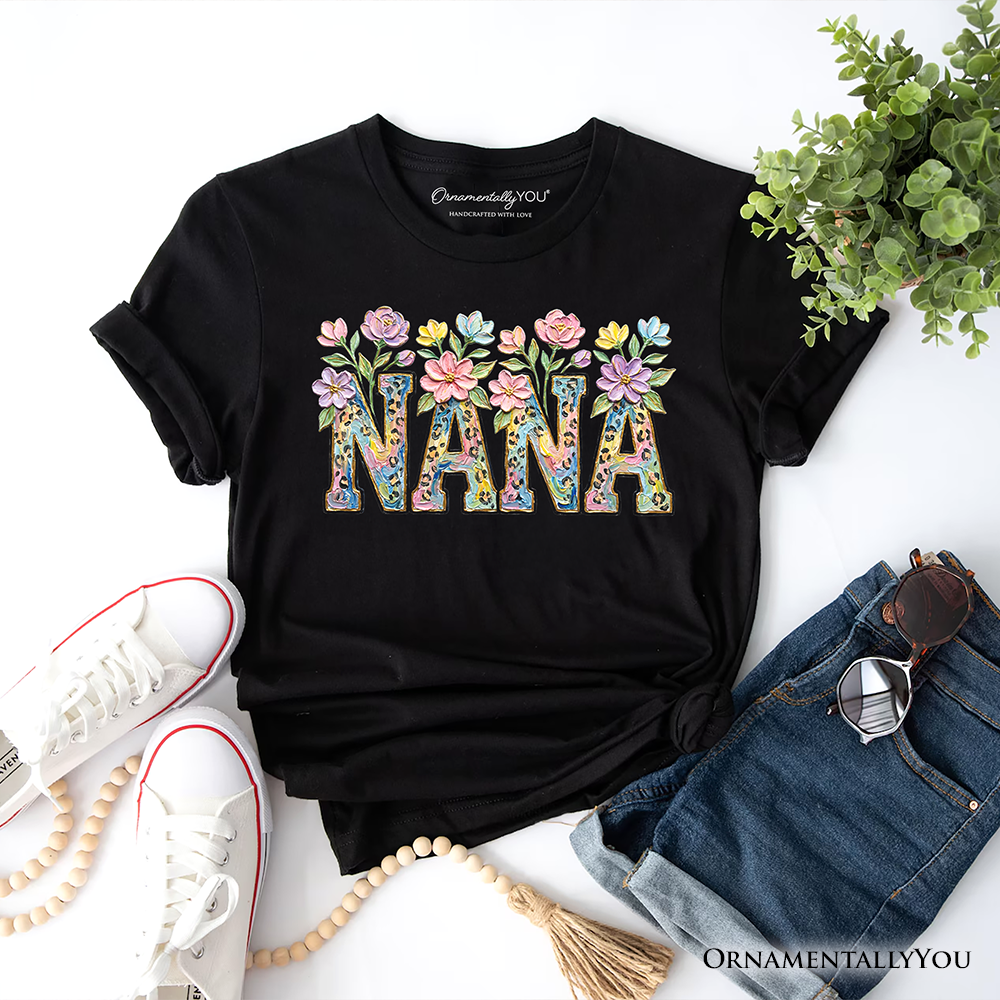 Wildflower Nana Floral Printed Faux Oil Paint T-Shirt, Mother's Day Grandmother Tee