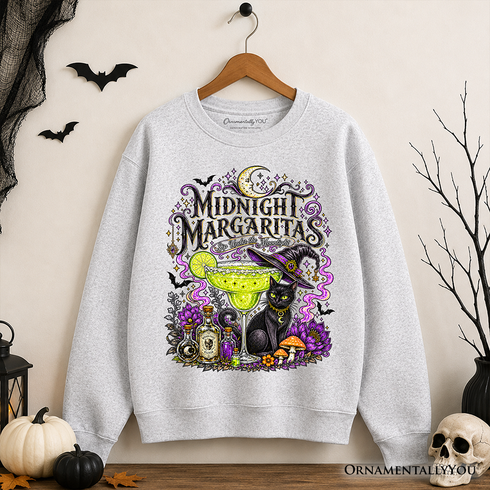 Midnight Margaritas Black Cat Halloween Sweatshirt, Witchy Cocktail Sweater for Spooky Season