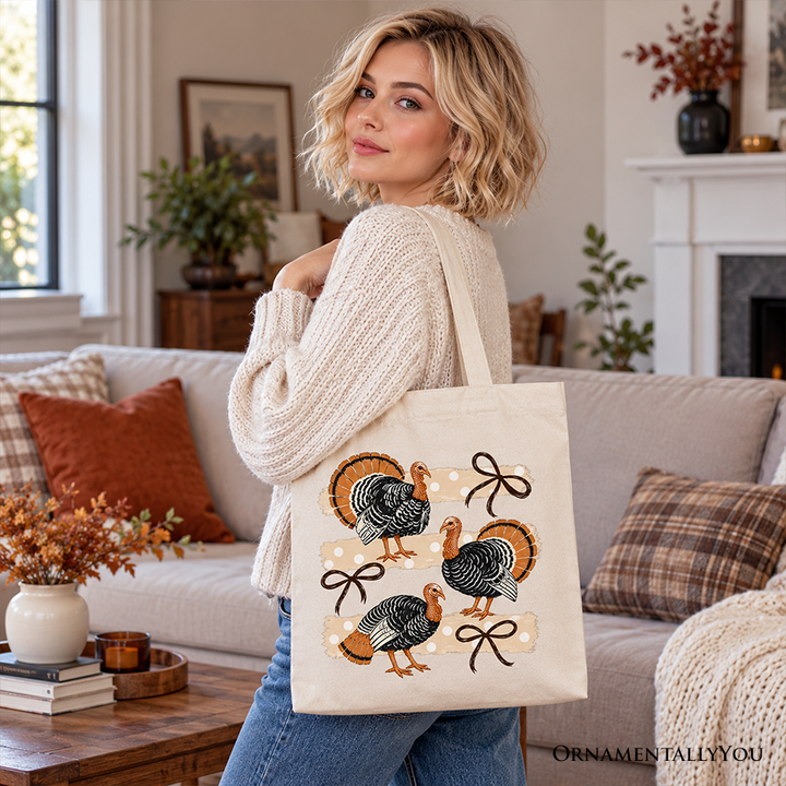 Turkey Bow Thanksgiving Tote Bag, Coquette Fall Gift Shopper