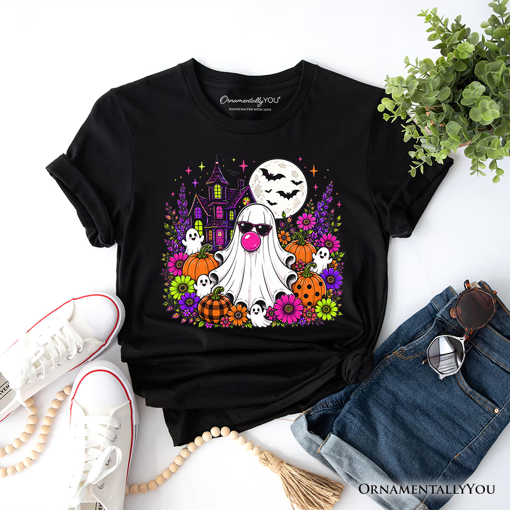 Bubblegum Ghost Haunted House T-Shirt, Colorful Floral Halloween Pumpkin Tee