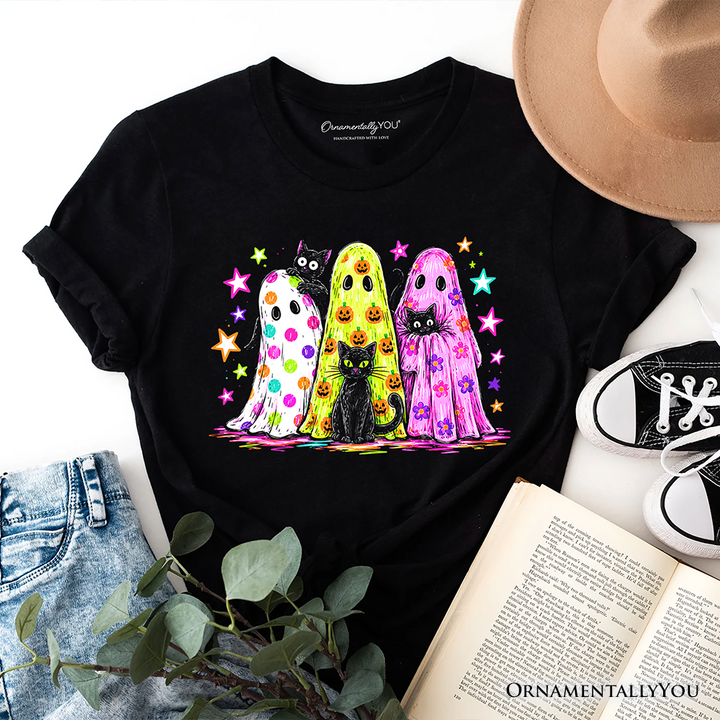 Colorful Ghosts and Black Cats T-Shirt, Neon Halloween Spooky Season Tee