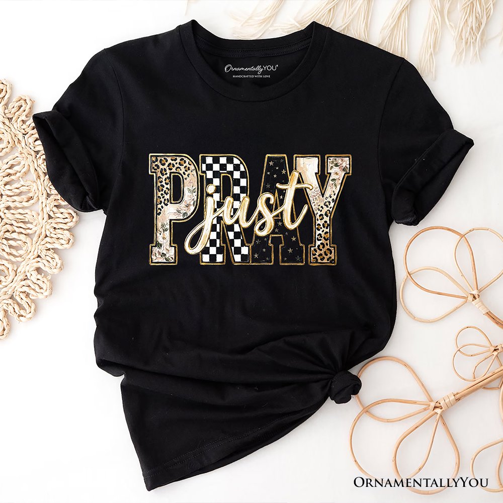 Just Pray Christian Varsity T-Shirt, Retro Leopard Checkered Faith Tee T-Shirts OrnamentallyYou Black XS 
