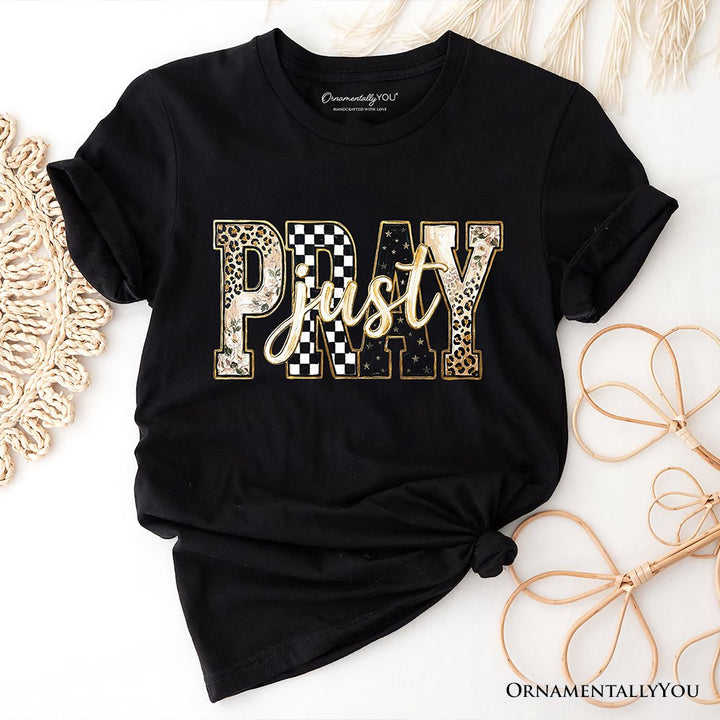 Just Pray Christian Varsity T-Shirt, Retro Leopard Checkered Faith Tee T-Shirts OrnamentallyYou Black XS 