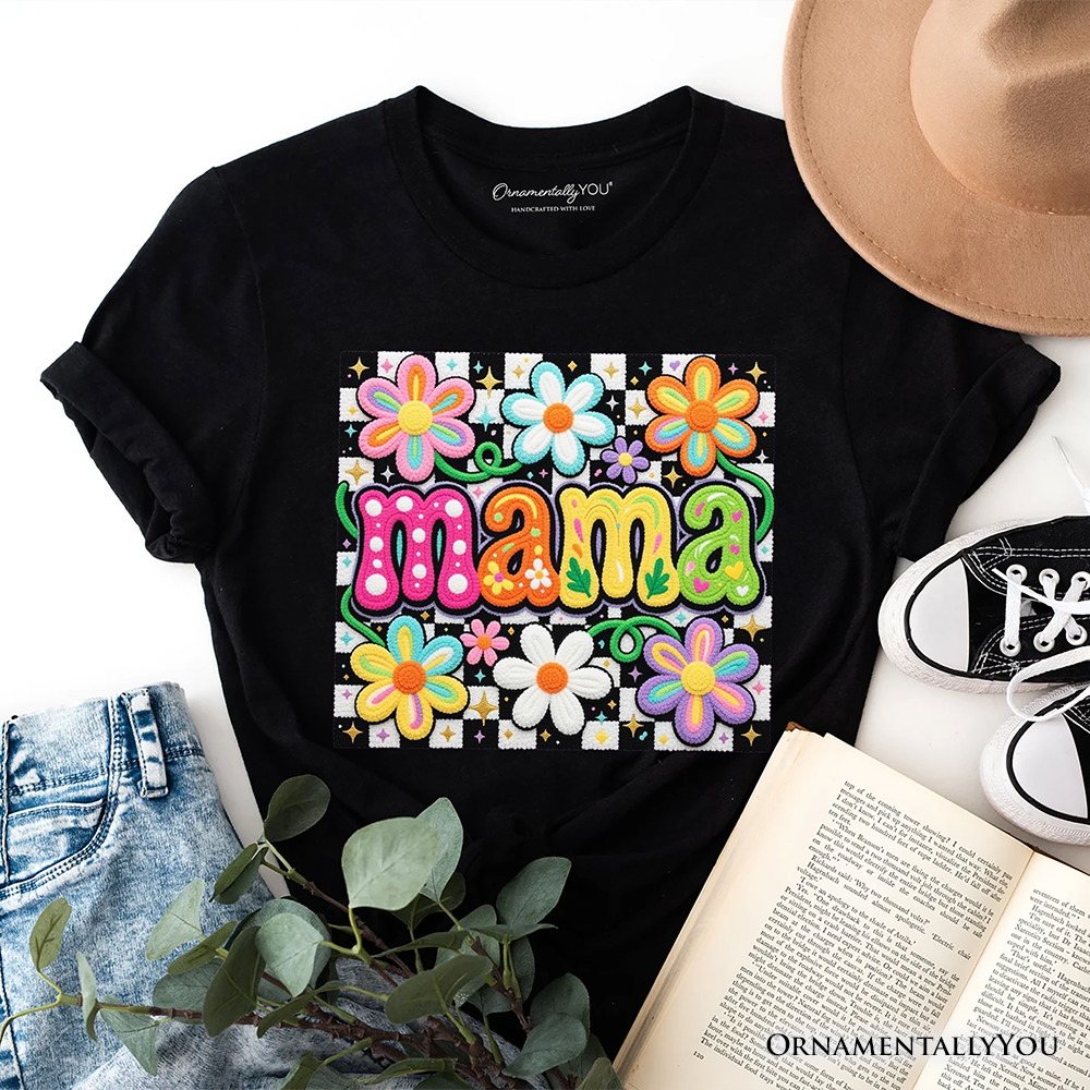 Retro Floral Mama Printed Faux Yarn T-Shirt, Colorful Mother's Day Tee