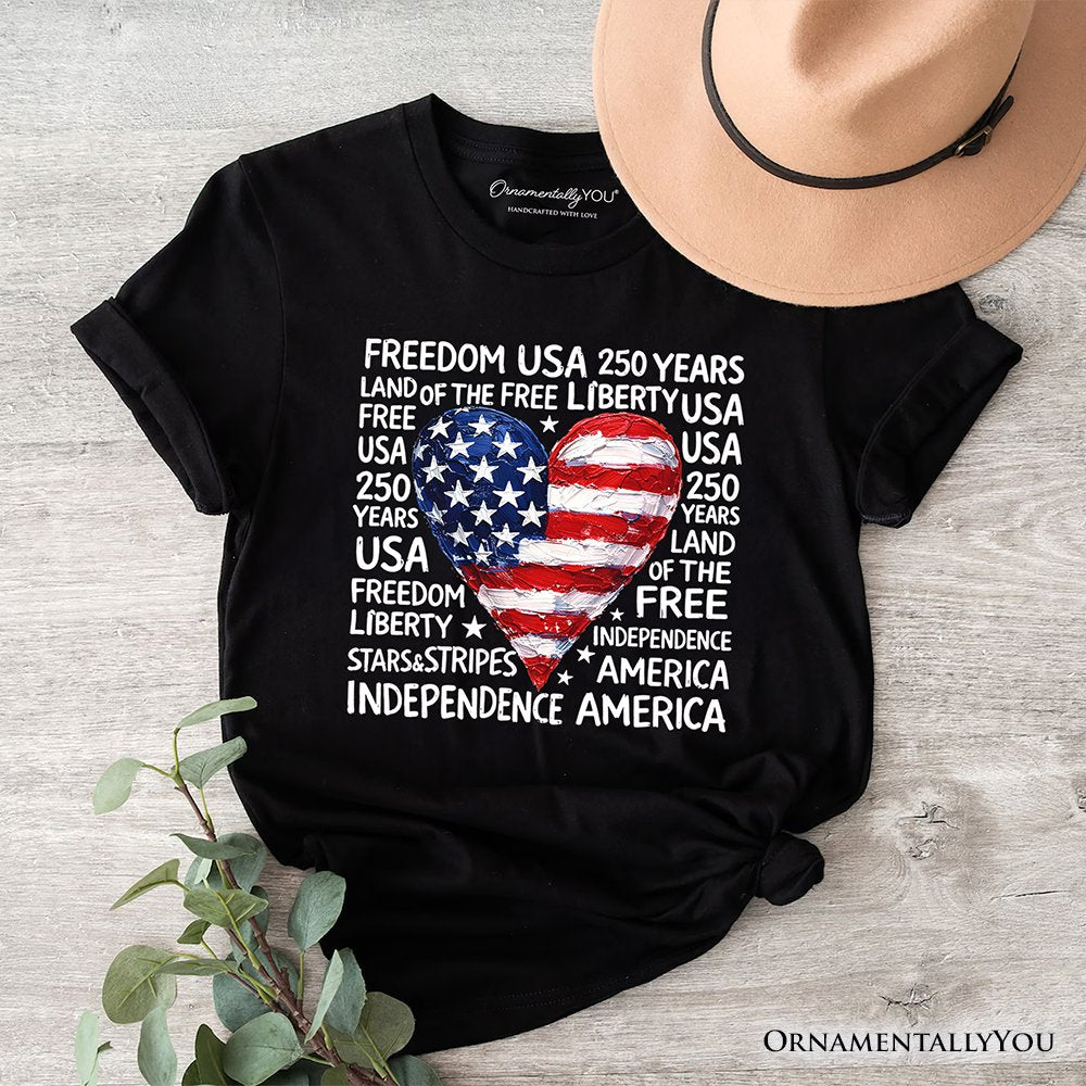 USA 250 Heart Patriotic T-Shirt, Retro 4th of July Tee T-Shirts OrnamentallyYou Black XS 