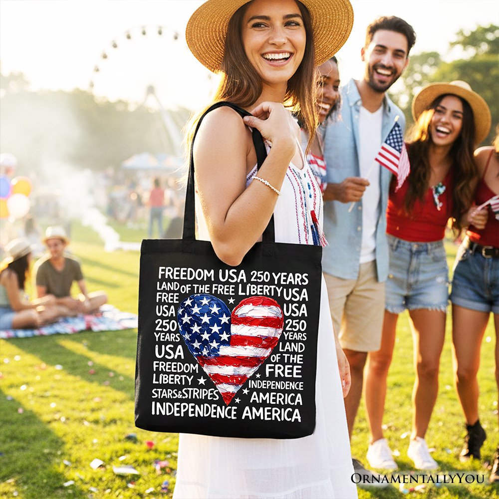USA 250 Heart Patriotic Tote Bag, Retro 4th of July Gift Shopper Tote Bag OrnamentallyYou 